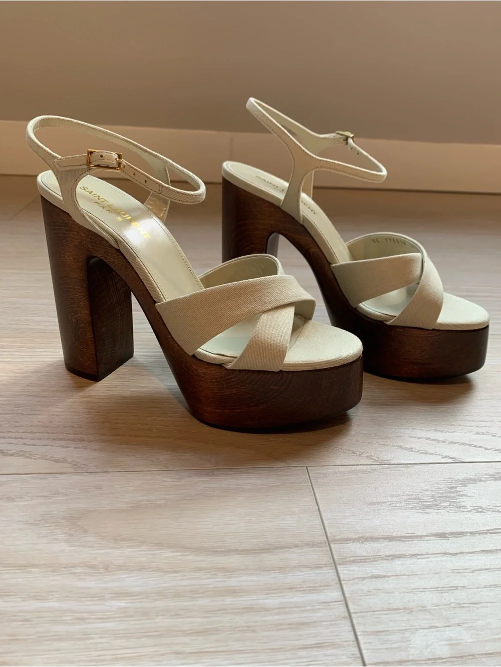 Saint Laurent Bianca Beige Canvas and Wood Platform Sandal NWT Size 37.5 IT - Picture 3 of 13
